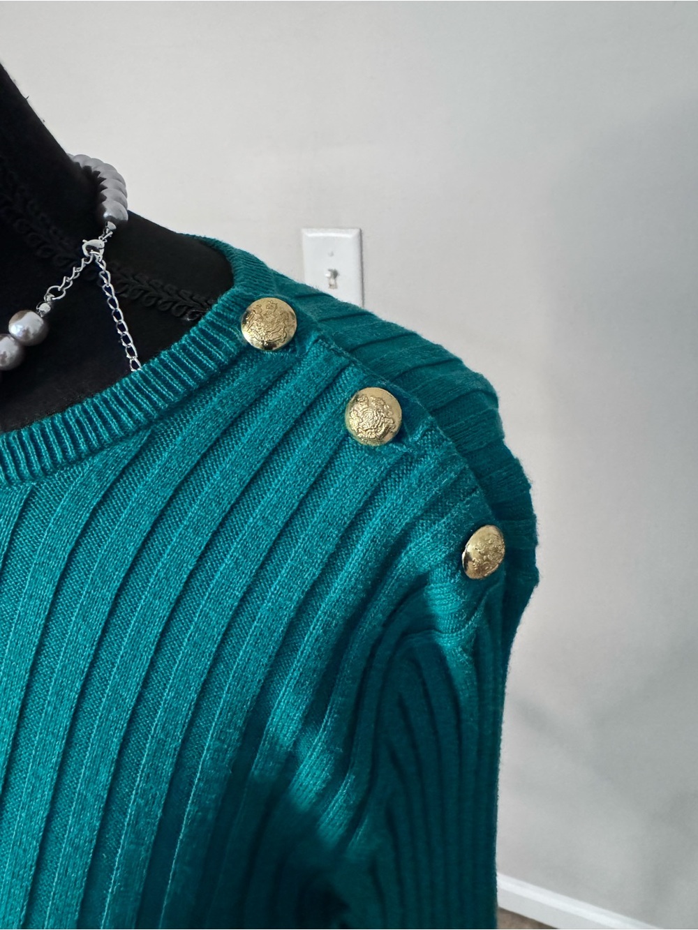Lauren Ralph Lauren Teal Ribbed Cotton Blend Sweater Gold Buttons Medium - Picture 5 of 8